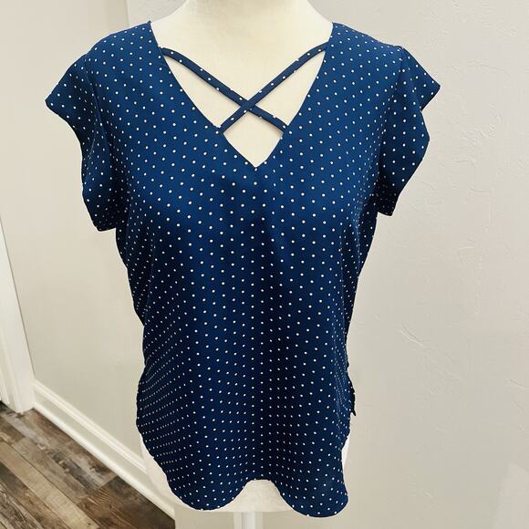 Lily White Women’s Blouse Navy White Polka Dot V-Neck Short Sleeve M (A0132) - Picture 1 of 6